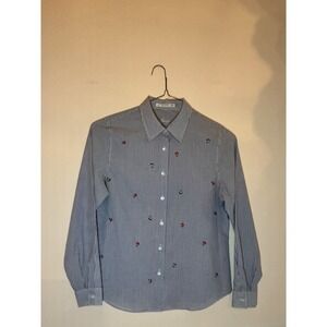 Vintage Foxcroft Striped Embroidered Button Down Shirt Women Blue White Casual